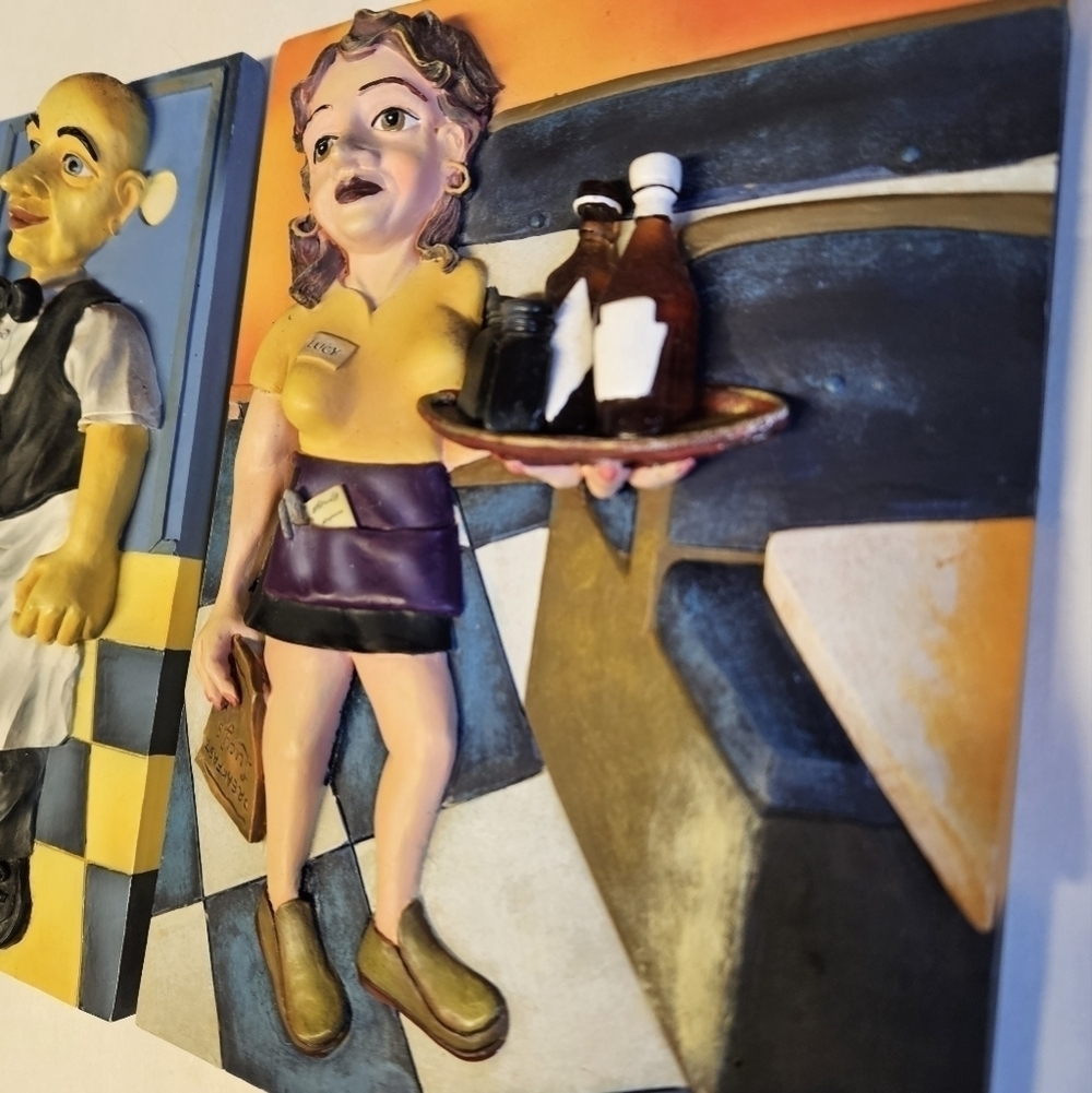 Vintage Will Rafuse 3D Restaurant Waitress and Sommelier Wall Art Tiles Set - Picture 3 of 7